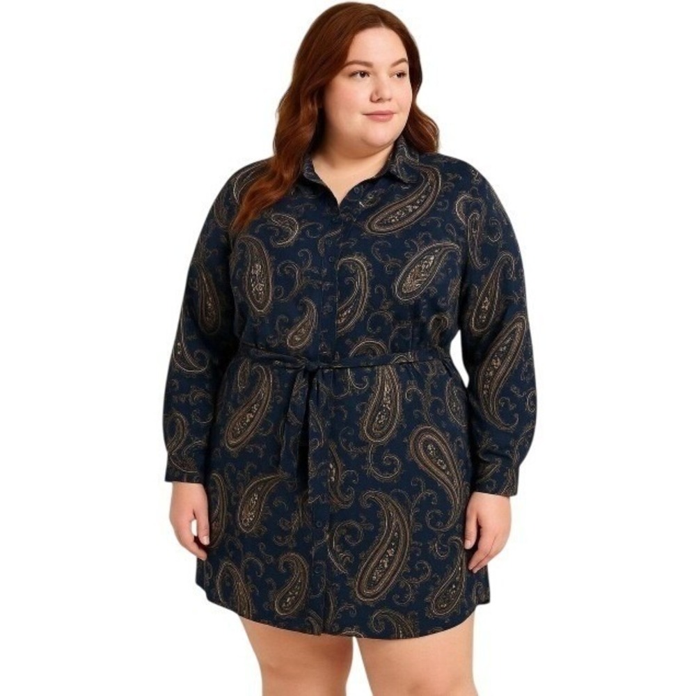 Susan Graver Womens Shirt Dress XLP Navy Blue Paisley Belted Long Sleeve Boho